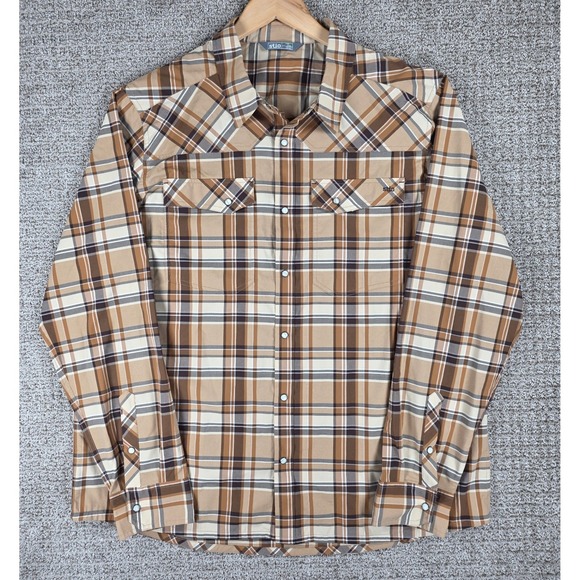 Stio Mens XXL Brown Plaid Long Sleeve Pearl Snap Western Shirt Shirt - Picture 2 of 7